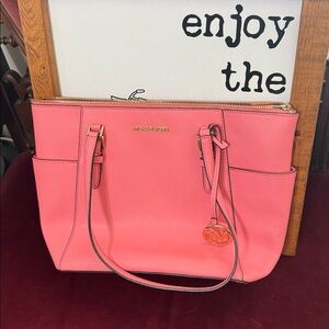 Michael Kors Coral Pink Handbag with Gold Accents